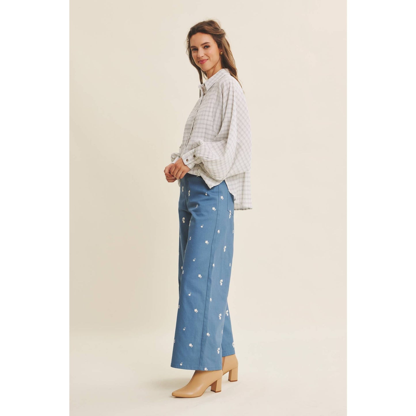 Embroidery Cotton Span Wide Leg Pants