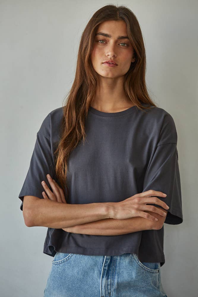 Knit Cotton Crew Neck Drop Shoulder Short Sleeve Top