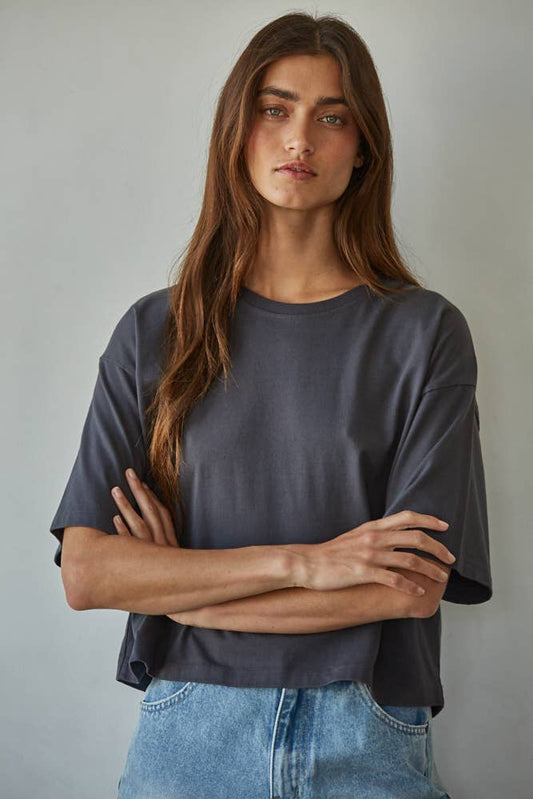 Knit Cotton Crew Neck Drop Shoulder Short Sleeve Top