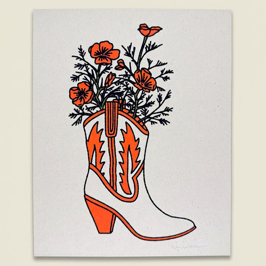 California Poppy Boot - Signed 8x10in Silkscreen Print on Recycled Paper