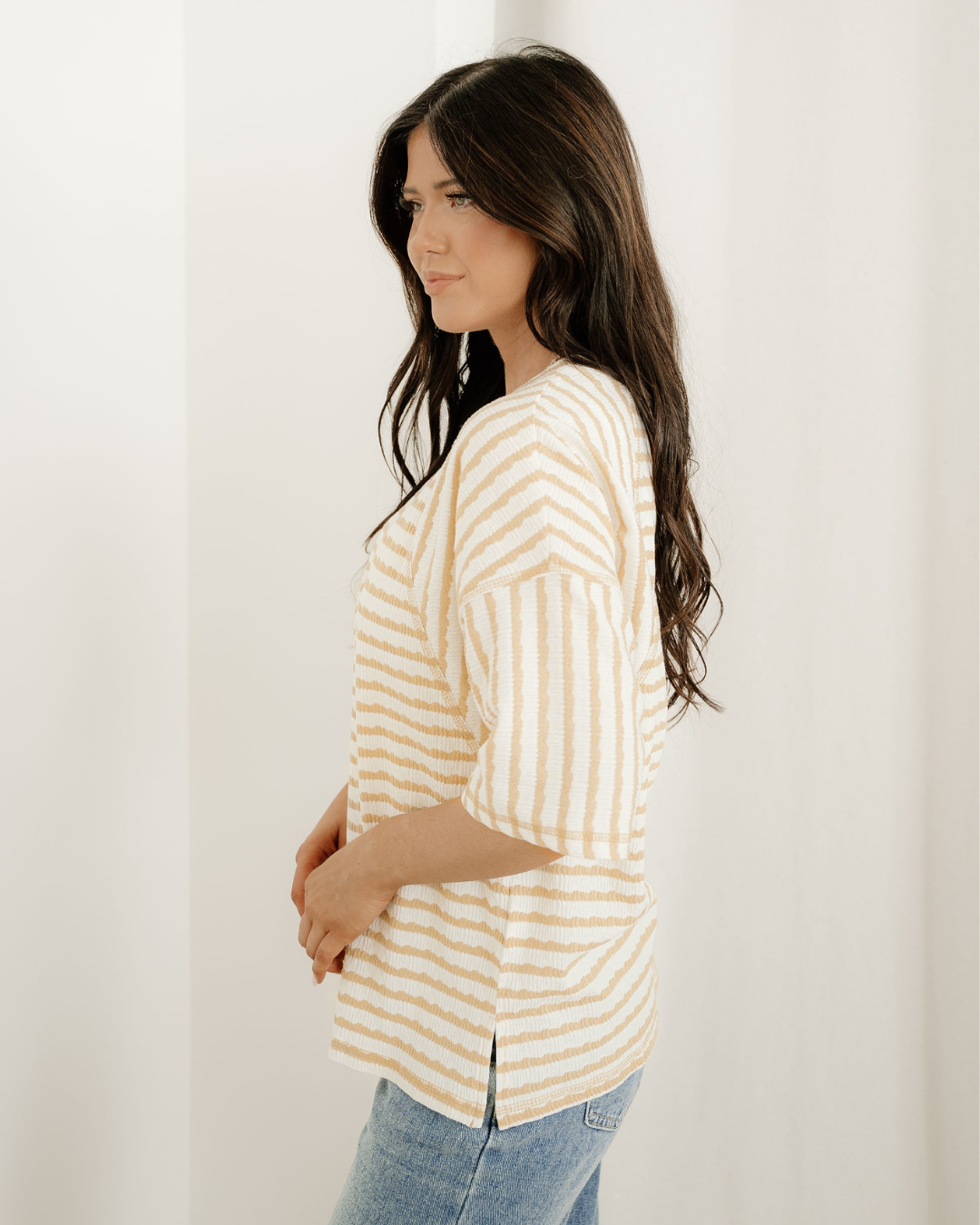Noelle Textured Knit Top-Apricot | Stripe Tee |Split Hem Tee