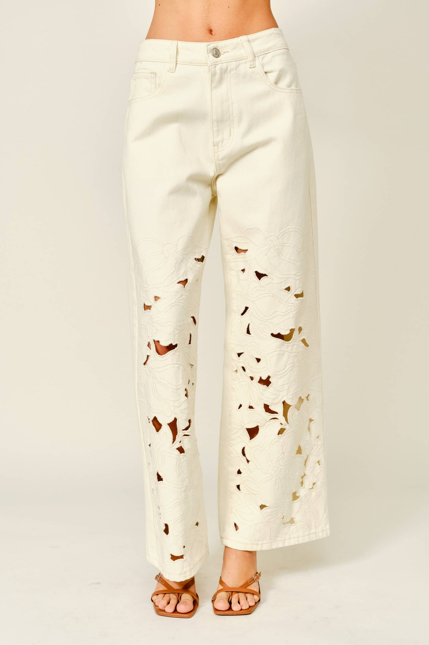 Cut Out Embroidered Wide Leg Jeans
