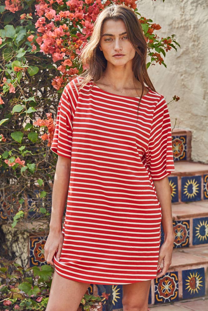 Woven Cotton Striped Short Sleeve Round Neck Mini