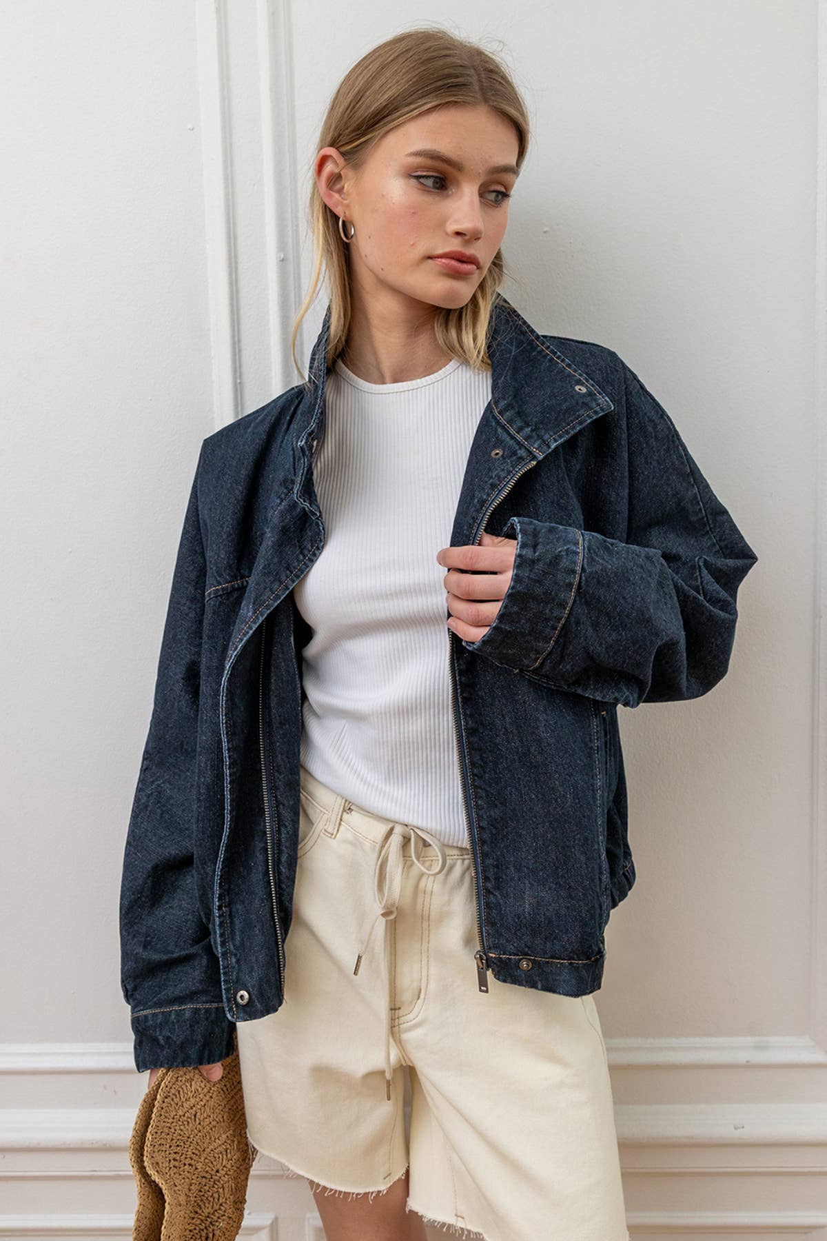 High Neck Funnel Denim Dark Wash Jacket
