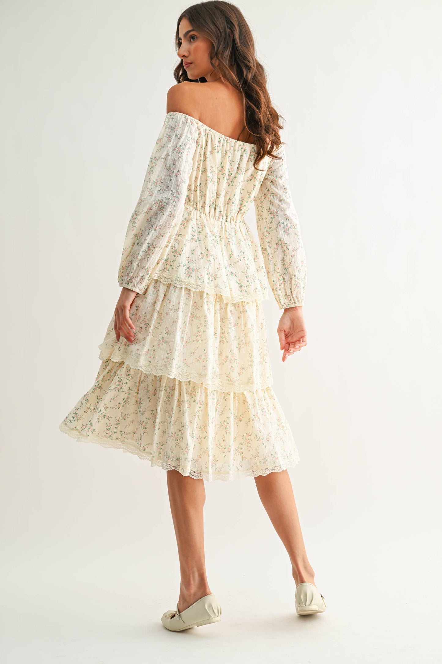 Off-Shoulder Tiered Floral Midi Dress