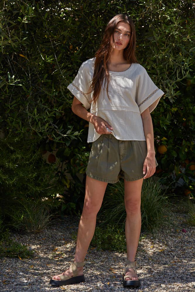 Woven Cotton Boat Neck Short Sleeve Top