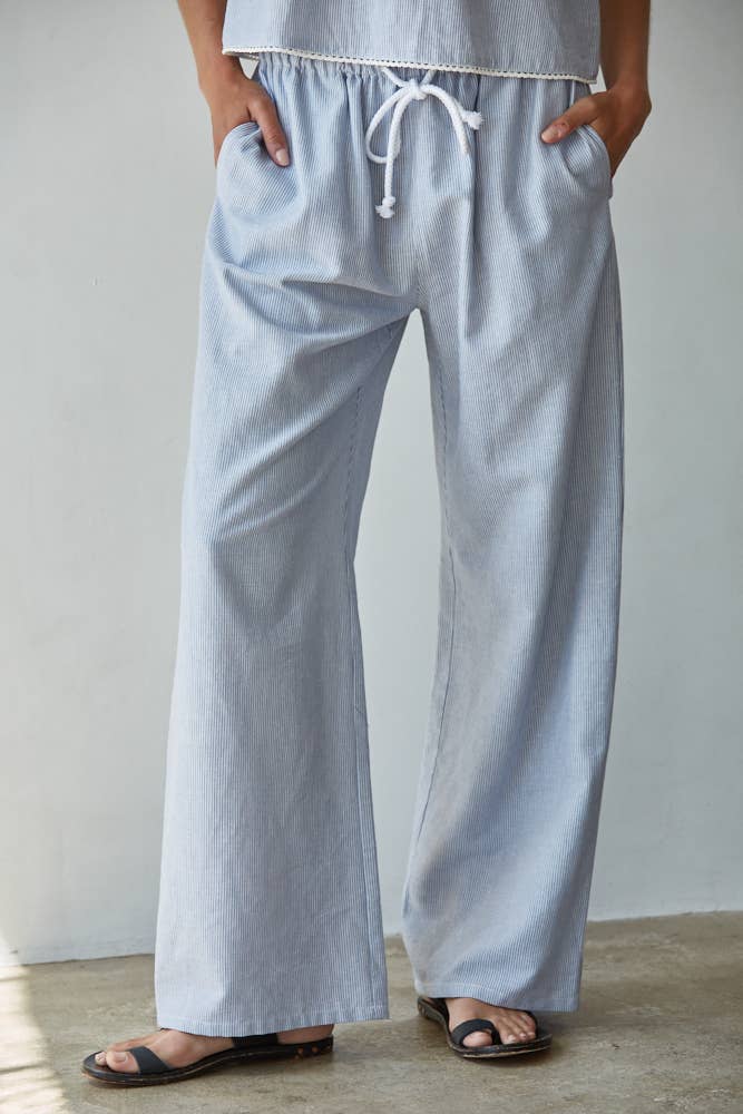 Woven Cotton Striped Wide Leg Pants