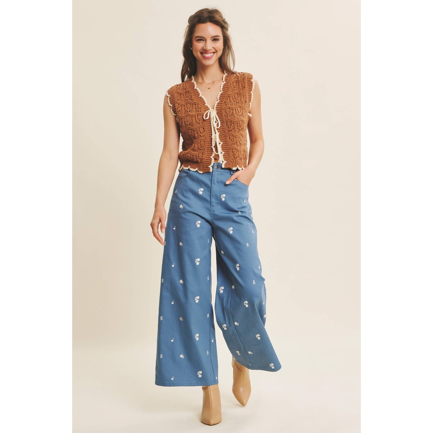 Embroidery Cotton Span Wide Leg Pants