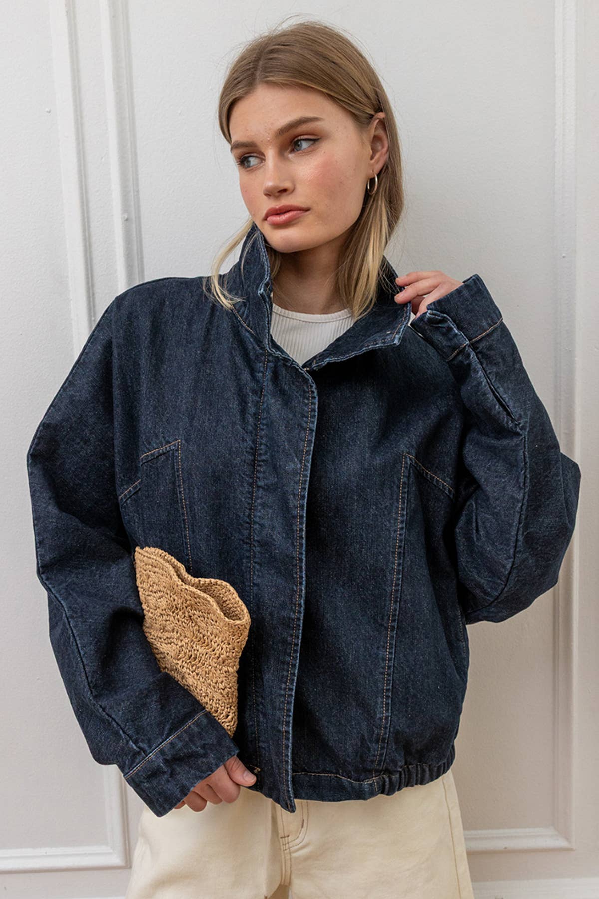 High Neck Funnel Denim Dark Wash Jacket