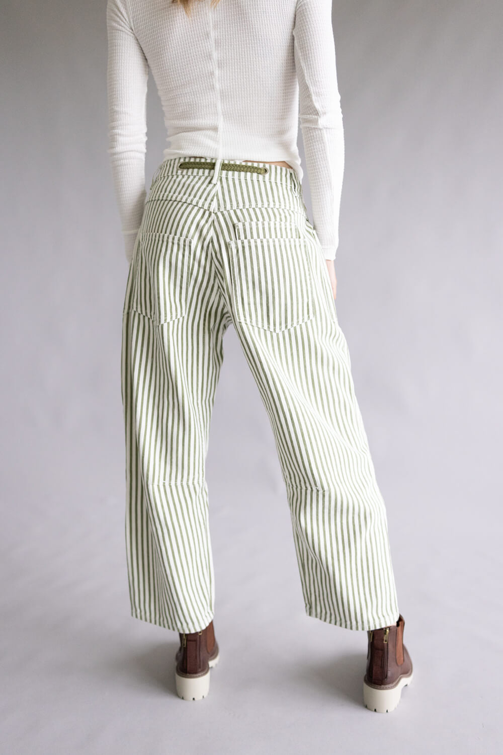 Olive Striped Barrel Jeans with Eyelet Waist