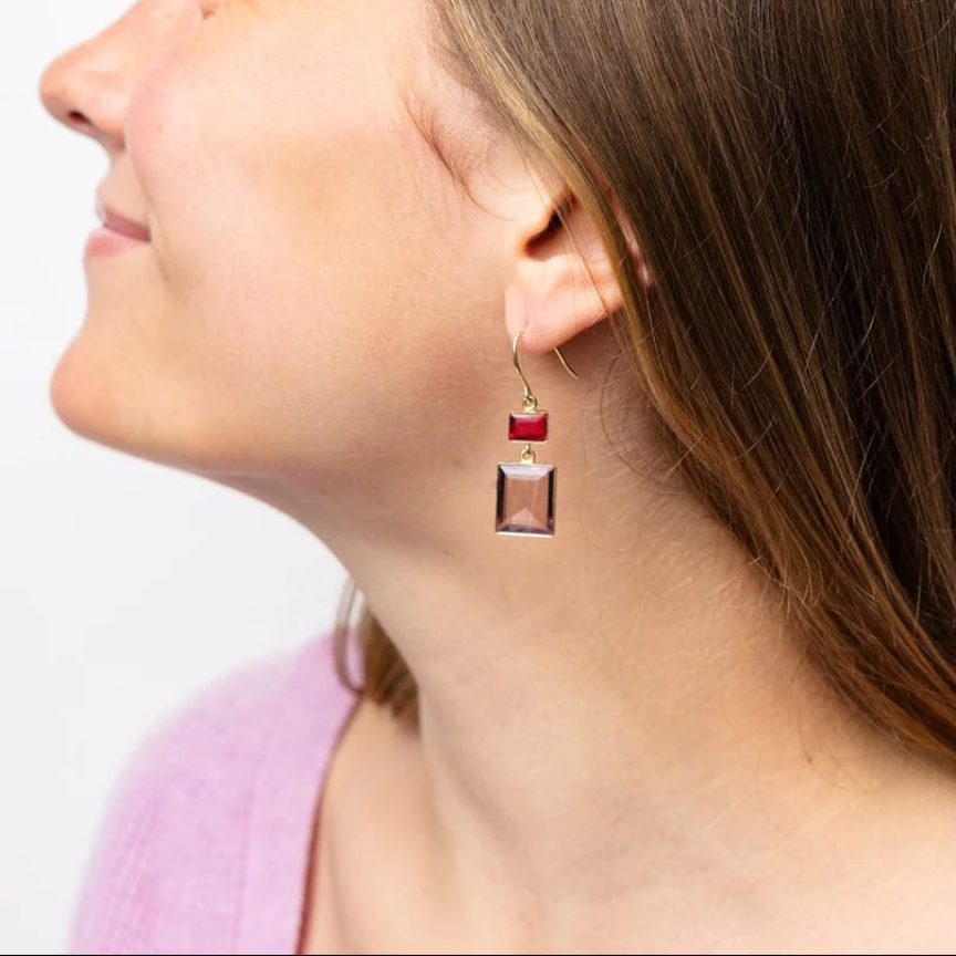 Veronica Two Tone Color Cut Glass Dangle Earrings - Red - Ink + Alloy