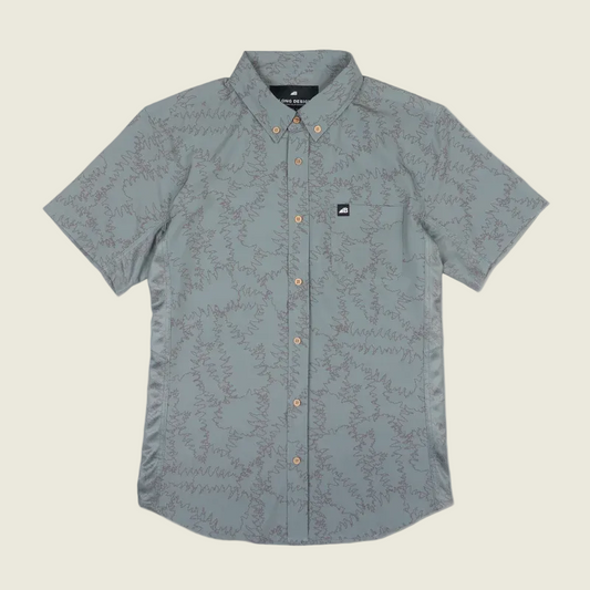 Short-sleeve button-up shirt with subtle pattern on a white background