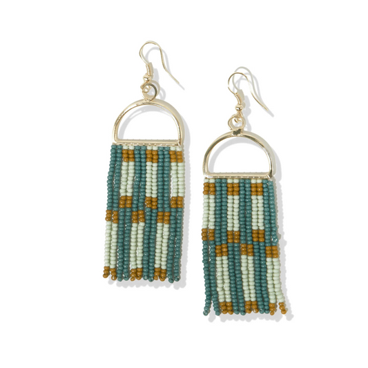 Allison Checkered Beaded Fringe Earrings - Green - Ink + Alloy