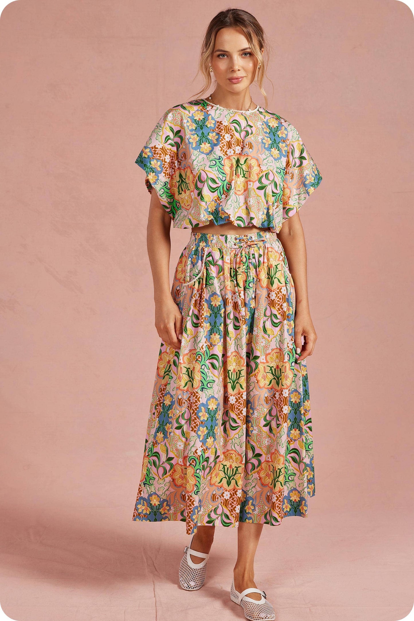 Garden Party Crochet Trim 2-piece Midi Skirt Set