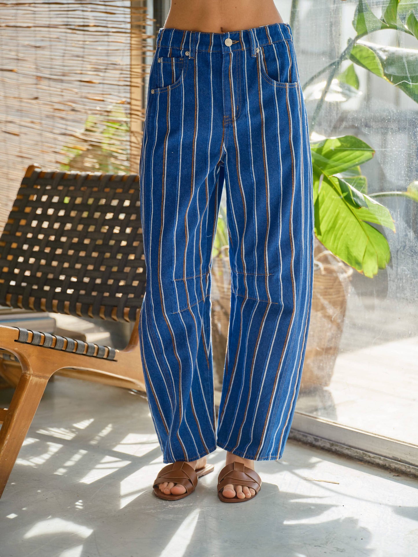 Brushed Stripe Denim Barrel Pants