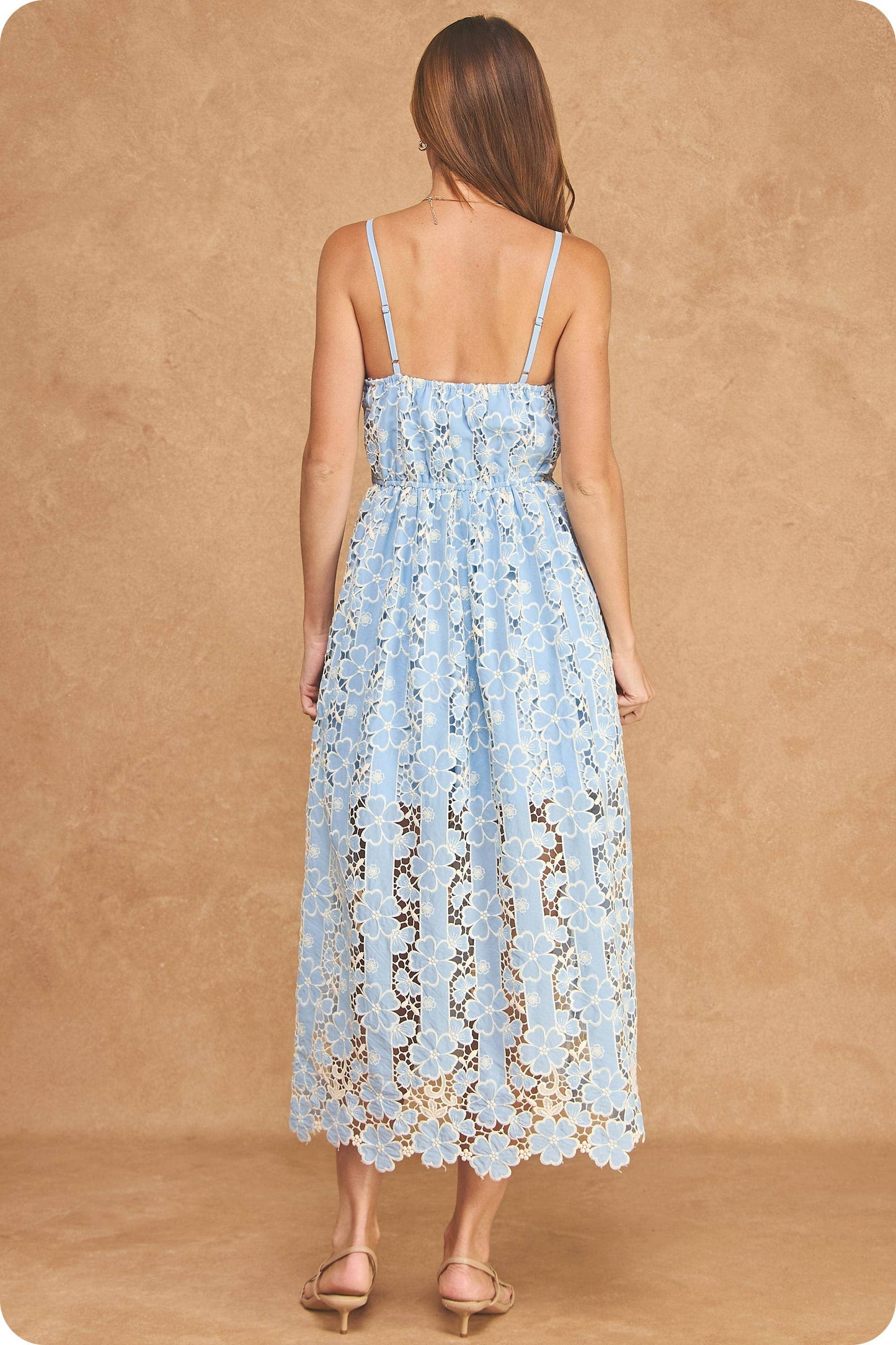 Floral Guipure Lace Midi Dress with Illusion Scalloped Hem