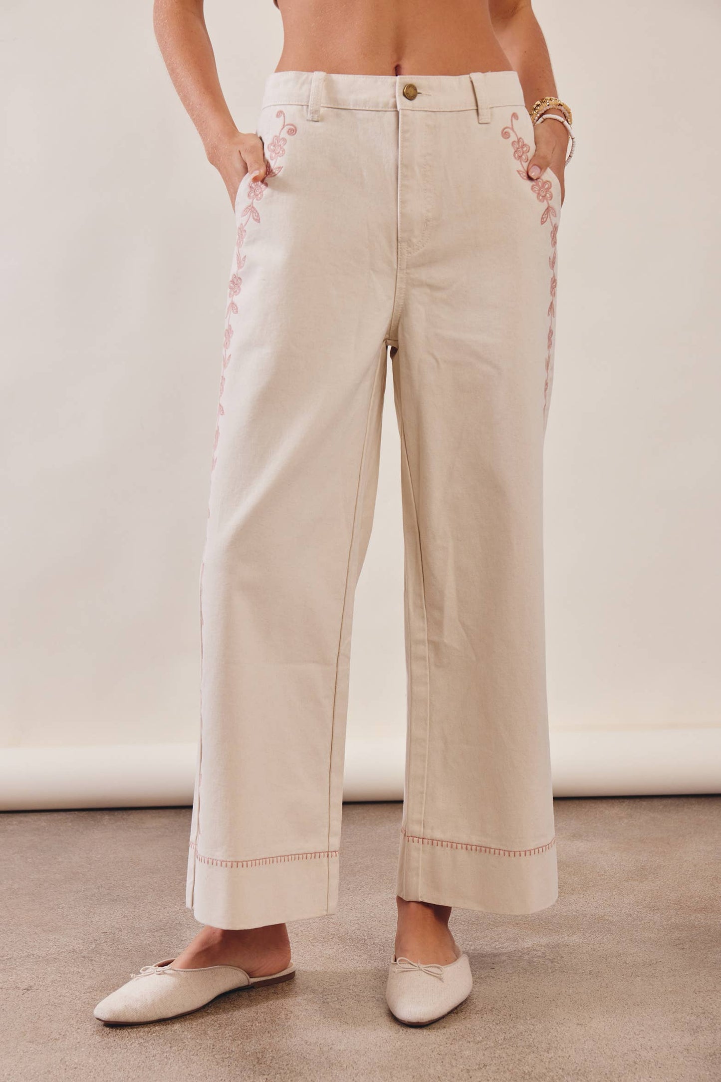 Floral Embroidered Cropped Wide-Leg Pants