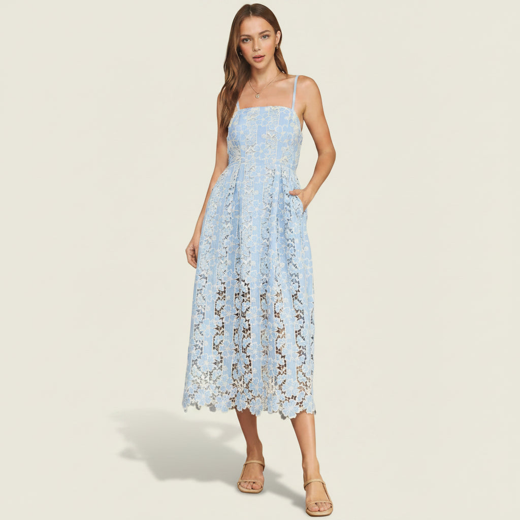 Floral Guipure Lace Midi Dress with Illusion Scalloped Hem