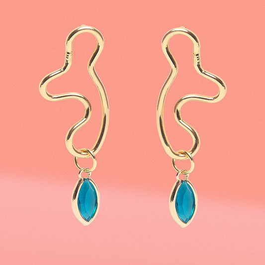 Abstract Wiggle Gold Plated Hoop Blue Glass Charm