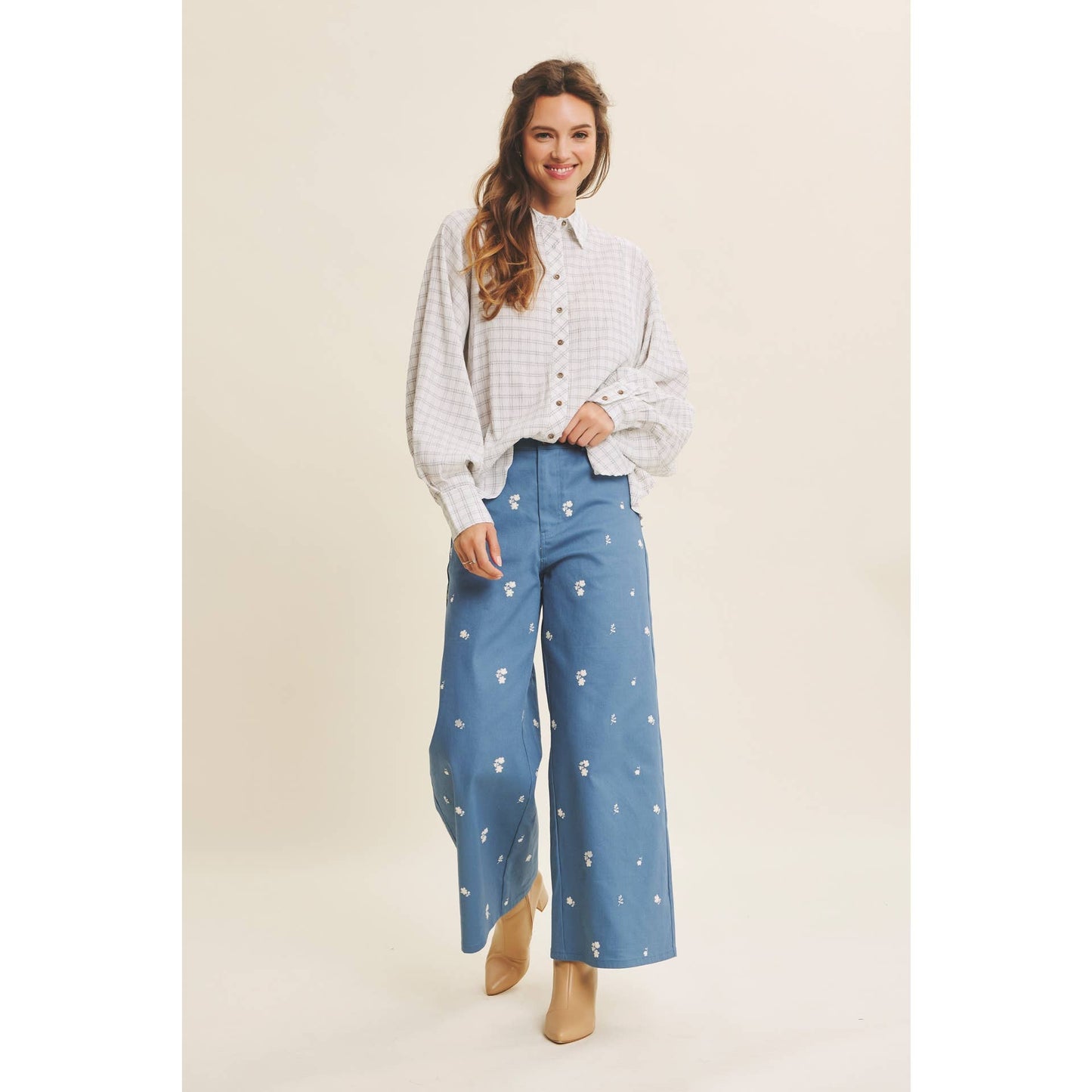 Embroidery Cotton Span Wide Leg Pants