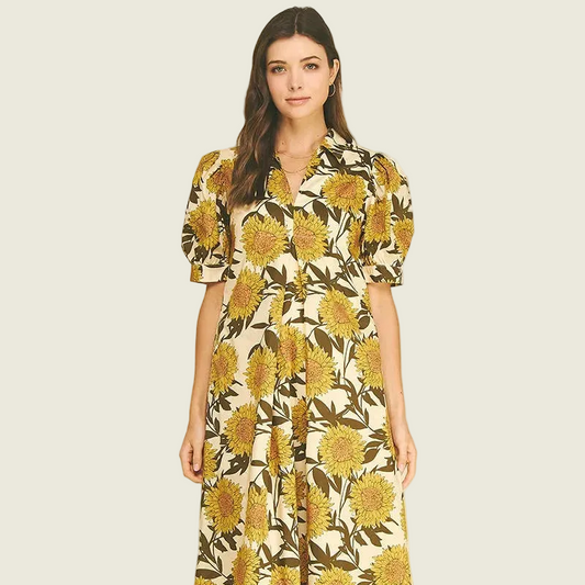 Golden Sunflower Puff Sleeve Midi Dress
