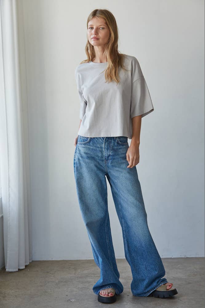 Knit Cotton Crew Neck Drop Shoulder Short Sleeve Top