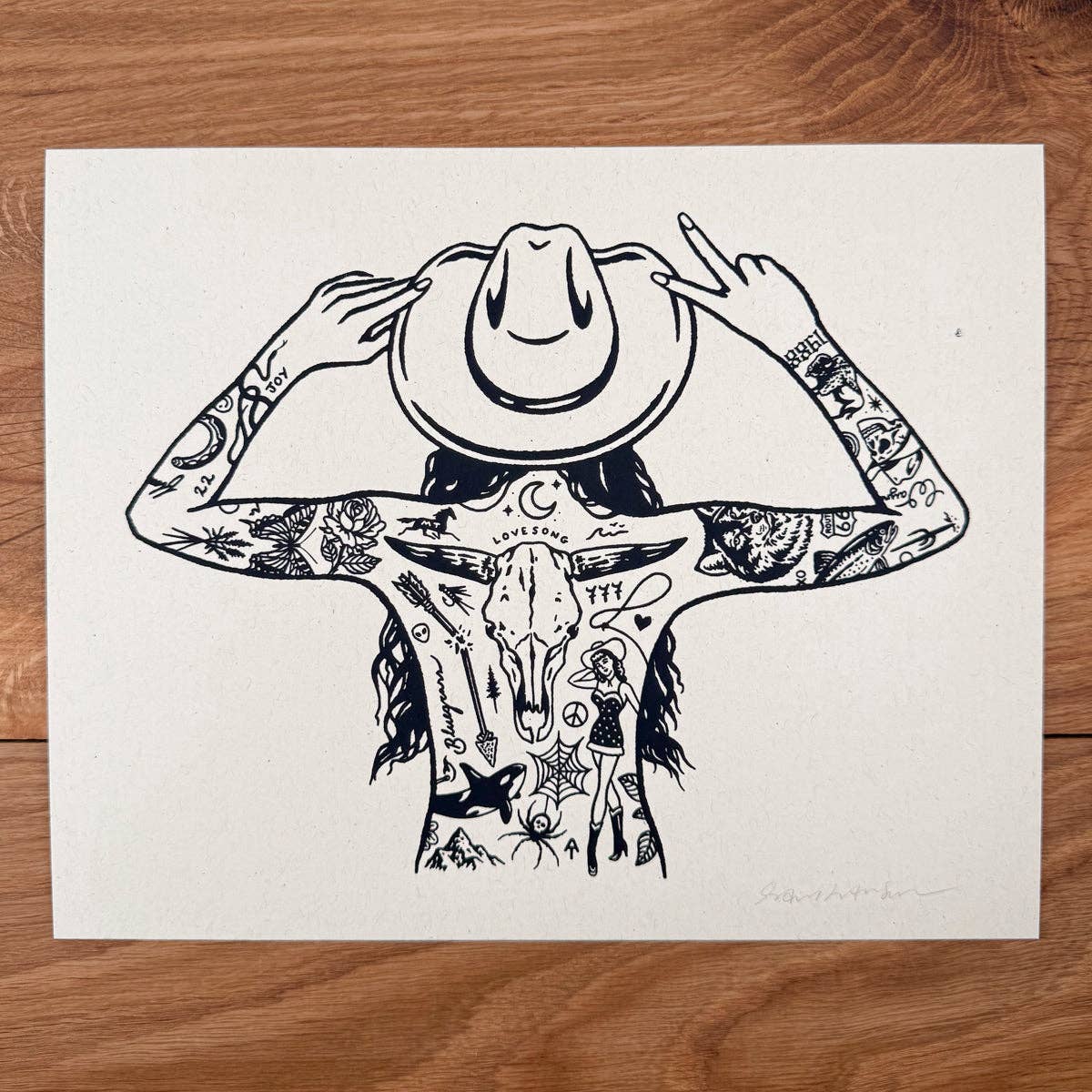 Tattooed Cowgirl 4 - Signed 10x8in Silkscreen Print on Recycled Paper