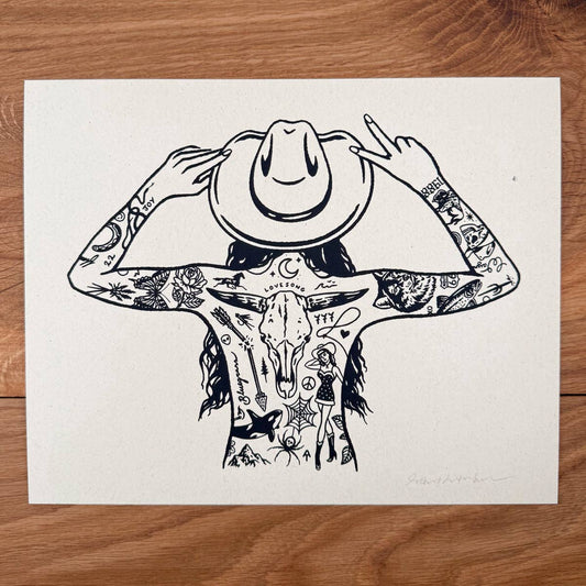 Tattooed Cowgirl 4 - Signed 10x8in Silkscreen Print on Recycled Paper