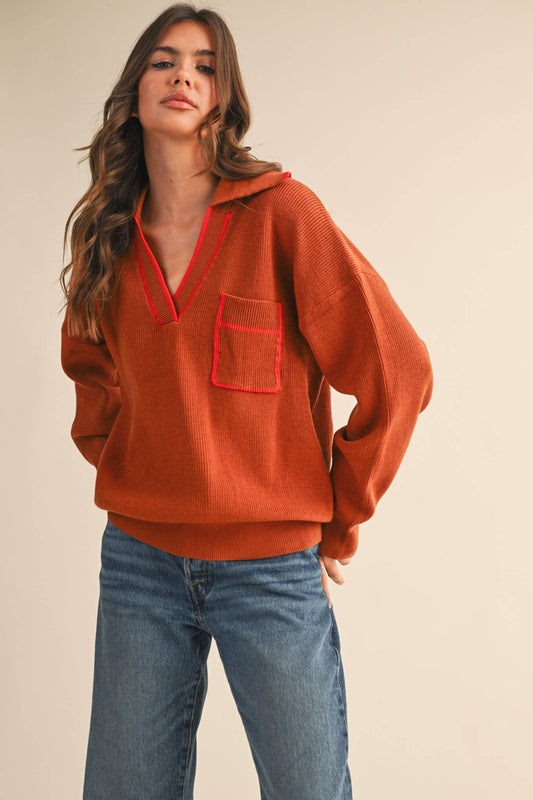 Contrast Color Ribbed Collar Sweater