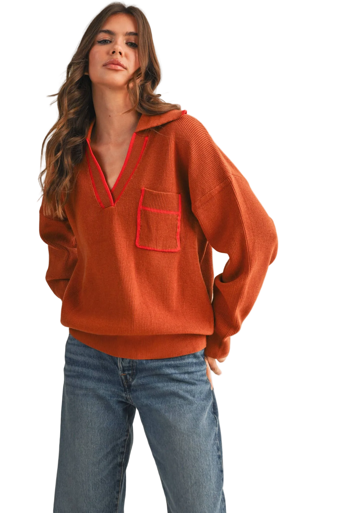 Contrast Color Ribbed Collar Sweater