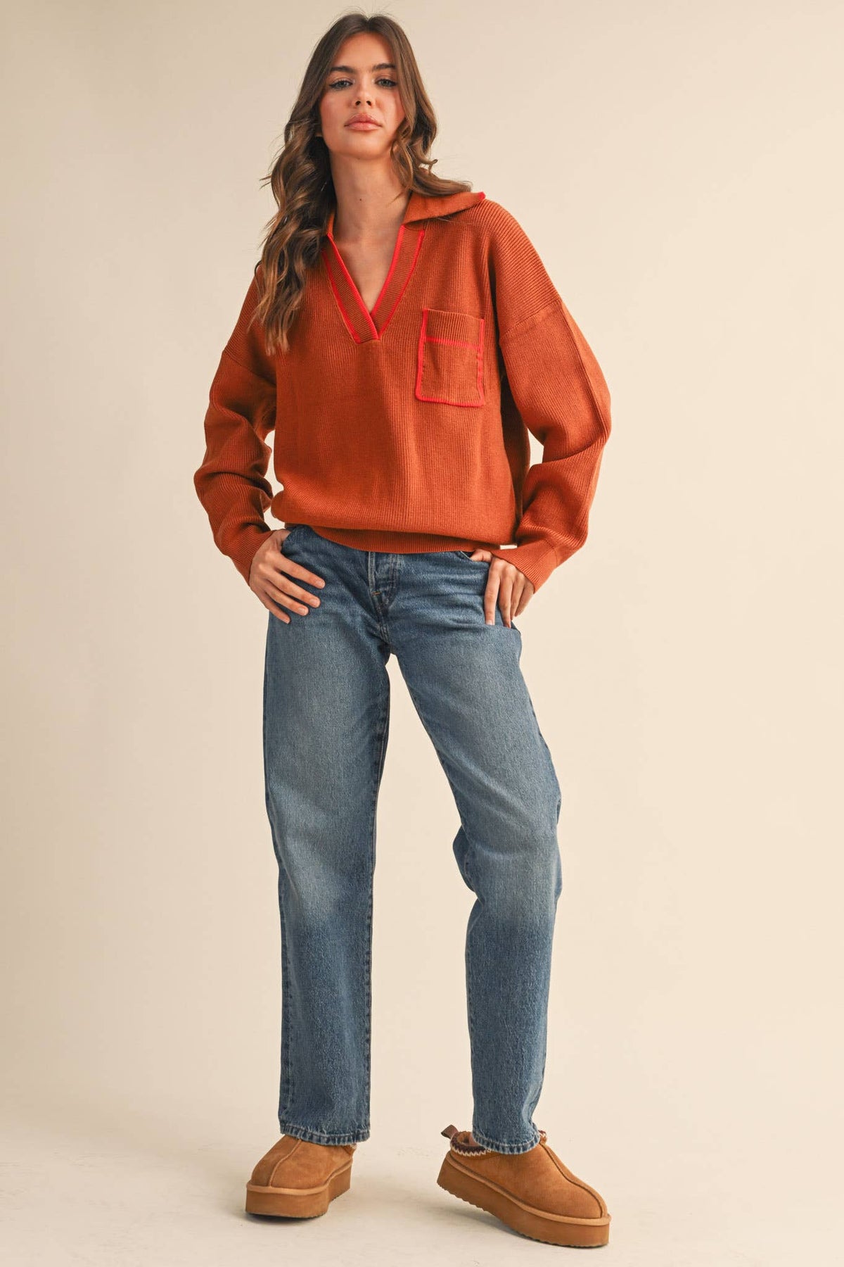 Contrast Color Ribbed Collar Sweater