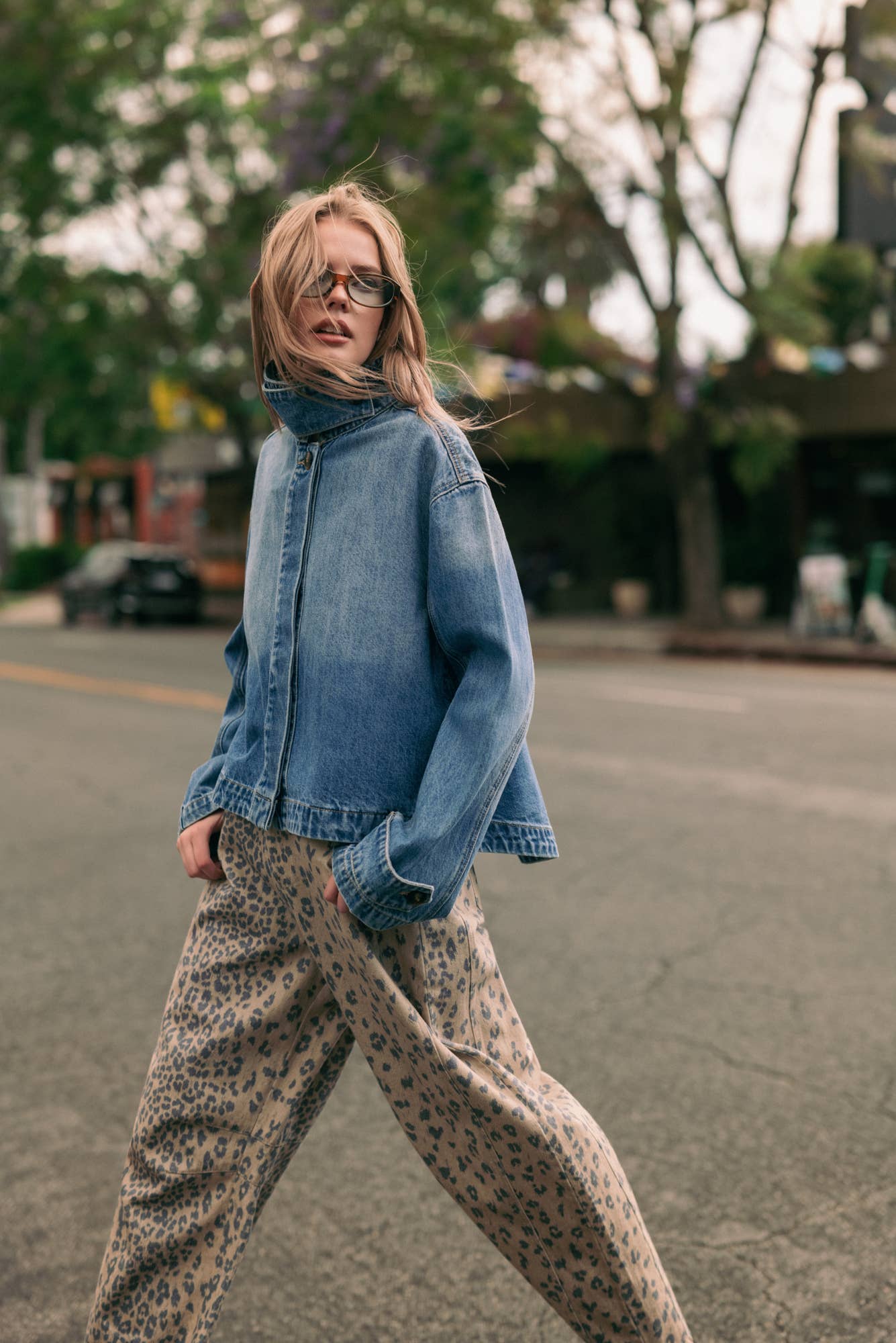 High Collar Funnel Neck Light Wash Denim Jacket