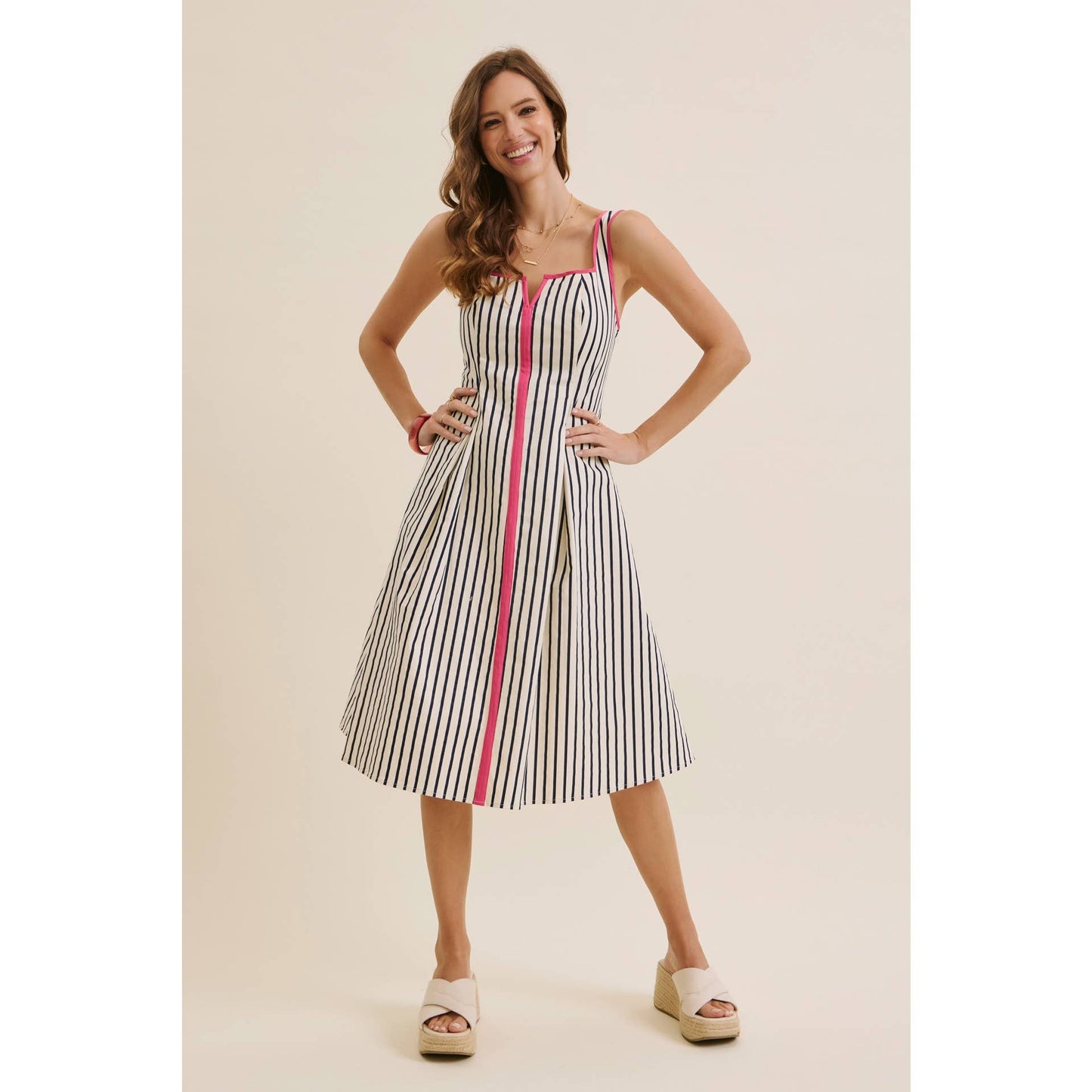 STRIPE PREPPY FIT-AND-FLARE MIDI WITH BOLD PINK CONTRAST