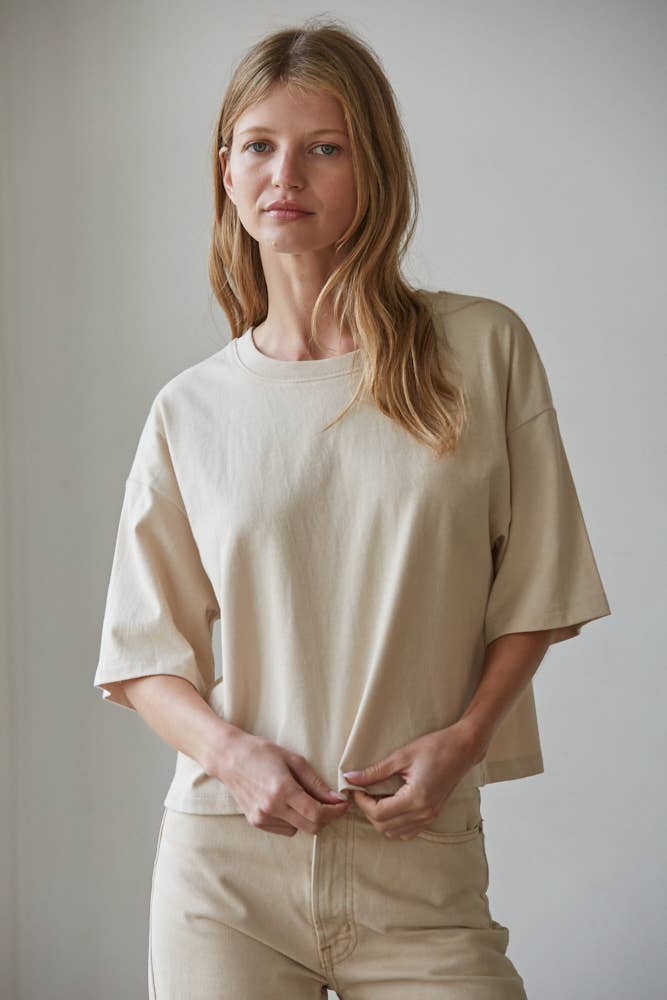 Knit Cotton Crew Neck Drop Shoulder Short Sleeve Top