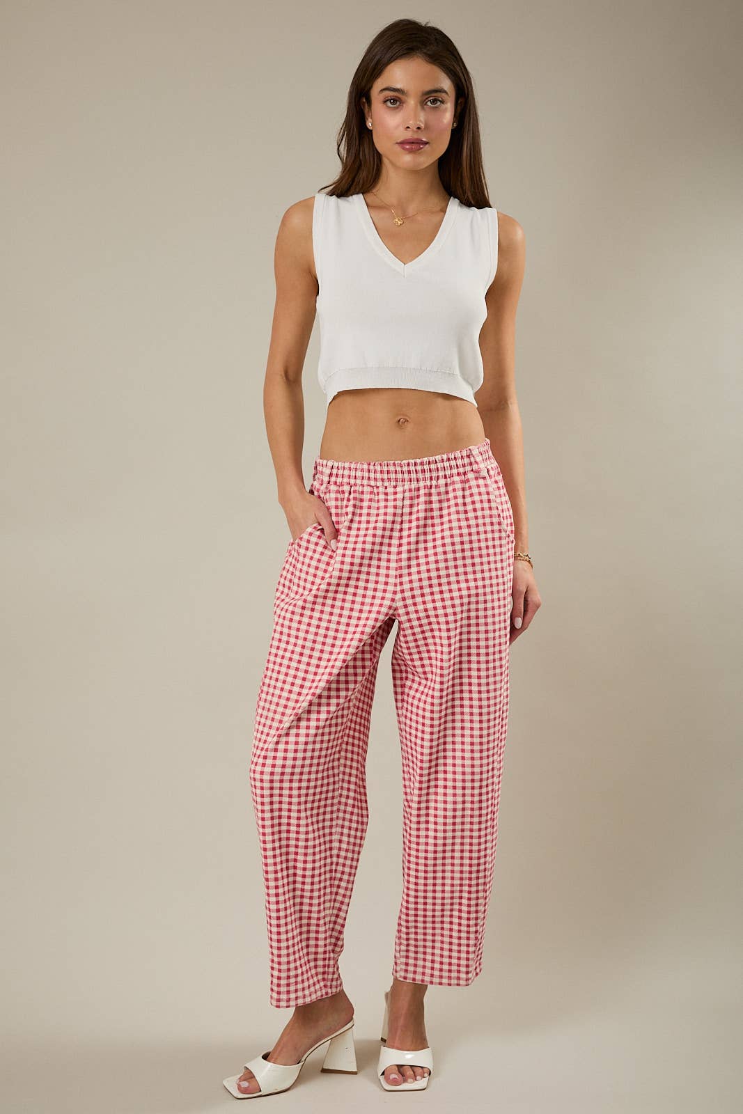 Red Gingham Printed Barrel Twill Pants