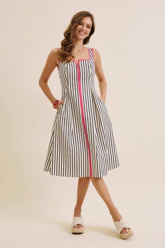 STRIPE PREPPY FIT-AND-FLARE MIDI WITH BOLD PINK CONTRAST