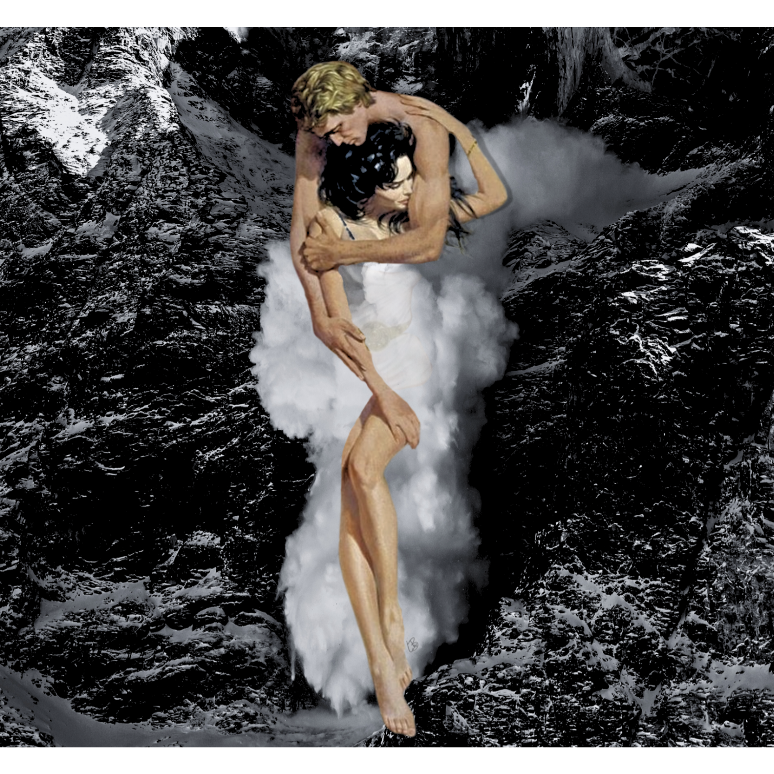 Two people embracing on a cloud with a mountainous background