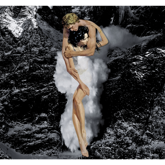 Two people embracing on a cloud with a mountainous background