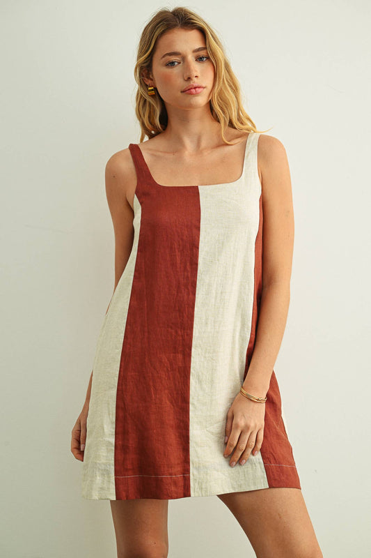 COLOR BLOCK LINEN MINI DRESS