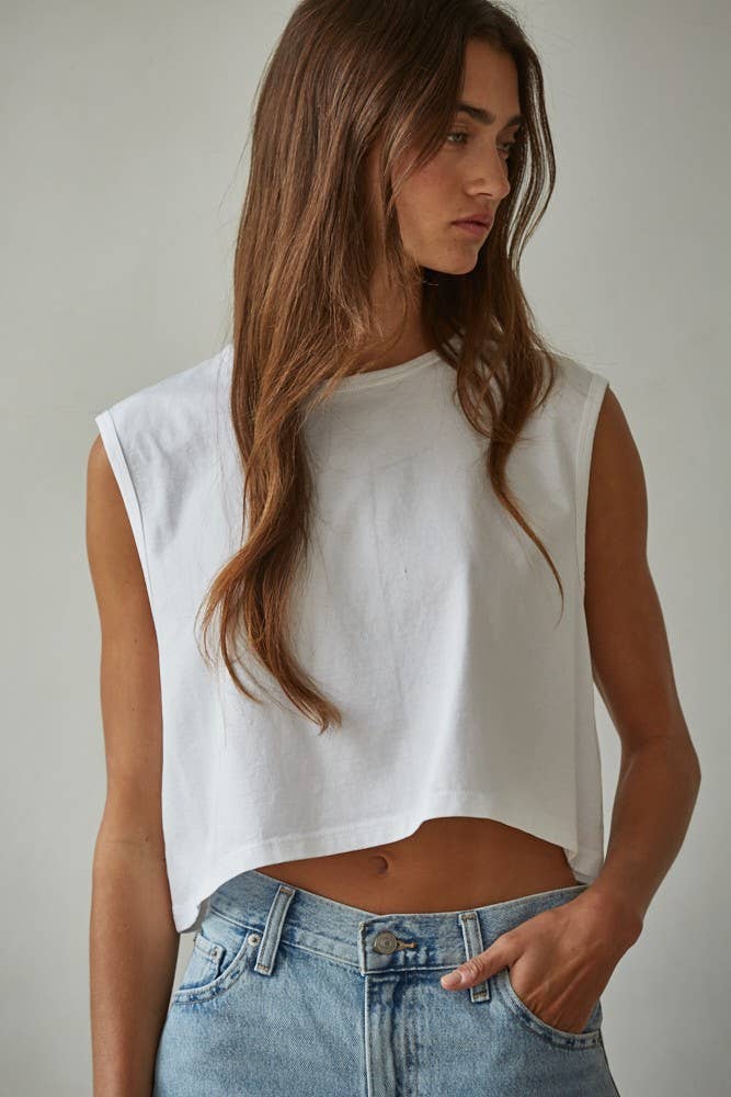Knit Cotton Crew Neck Sleeveless Crop Top