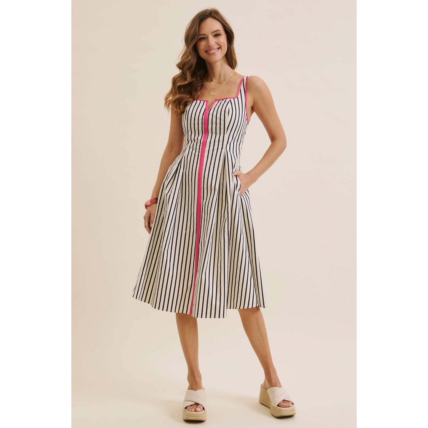 STRIPE PREPPY FIT-AND-FLARE MIDI WITH BOLD PINK CONTRAST
