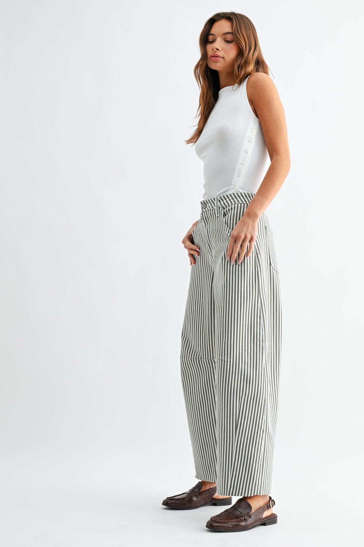 Olive Stripe Raw Hem Barrel Jean - Just Black Denim