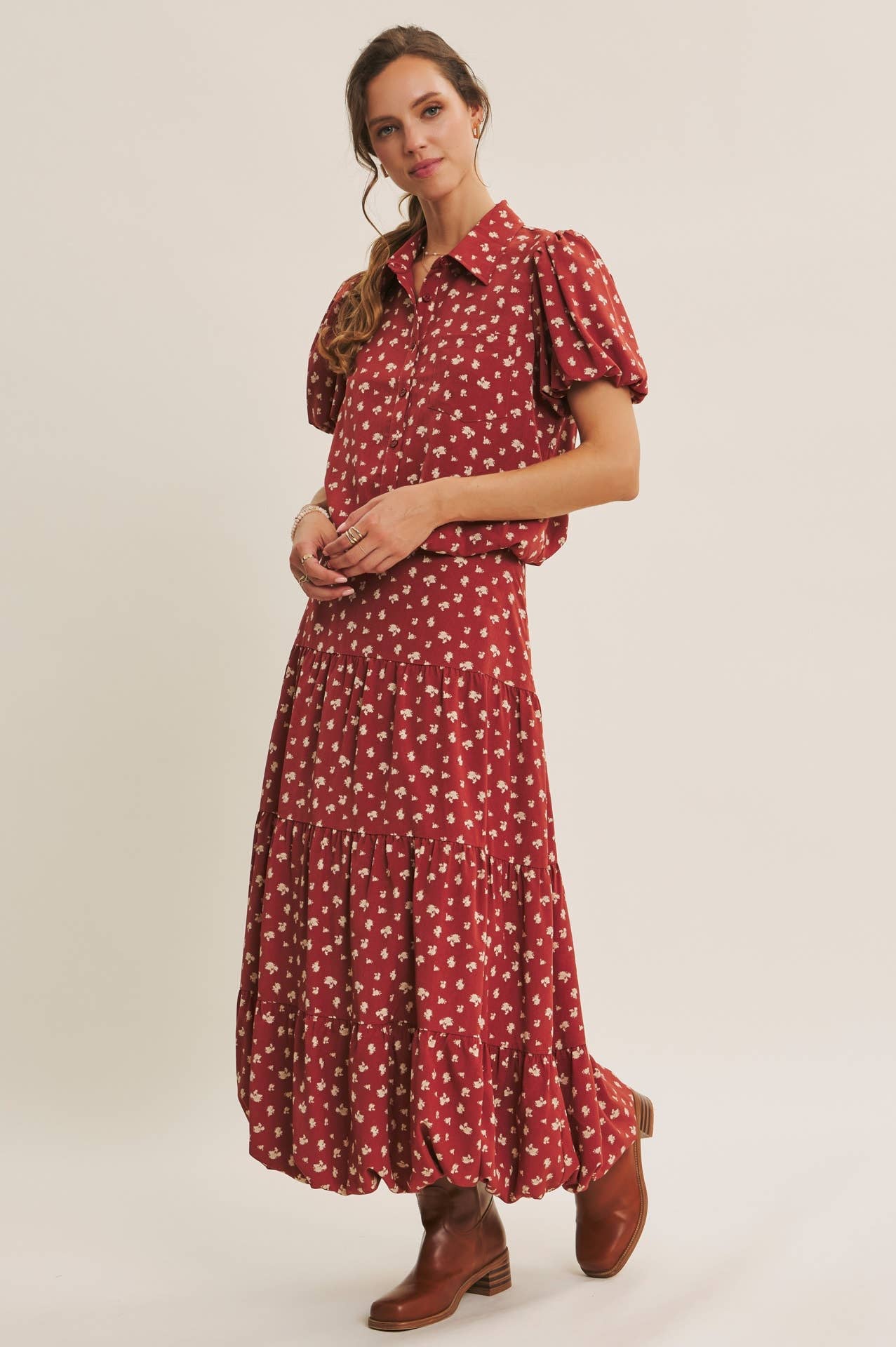 Floral Bubble Hem Tiered Midi Skirt