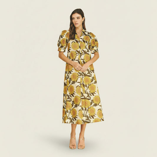 Golden Sunflower Puff Sleeve Midi Dress