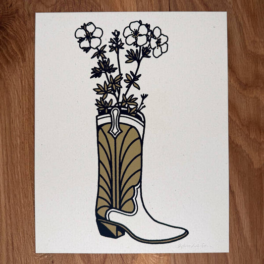 Mountain Flower Boot - Signed 8x10in Silkscreen Print on Recycled Paper