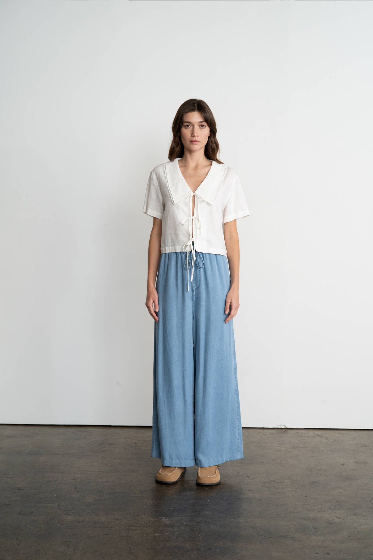 Chambray Elastic Waist Wide Leg Pants