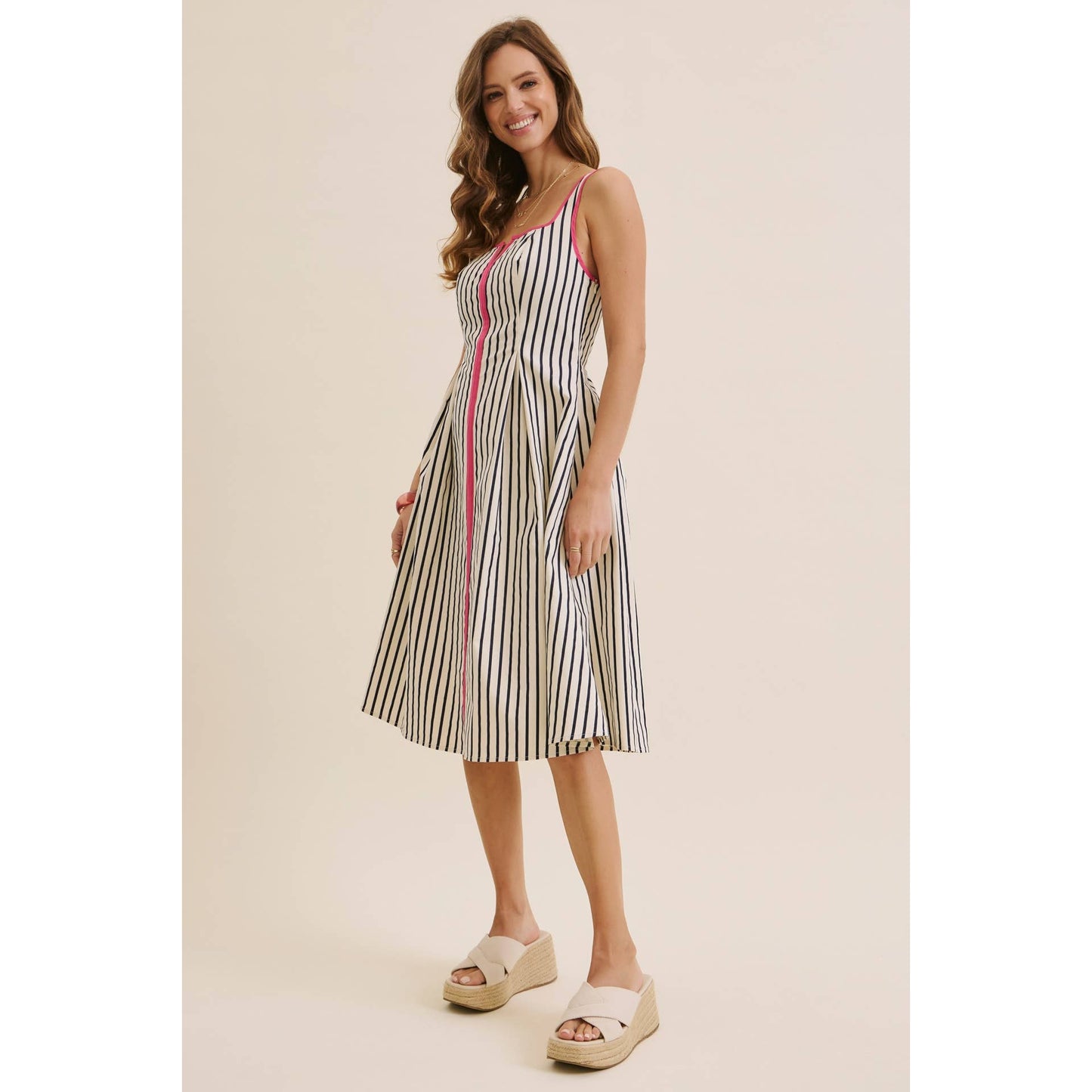 STRIPE PREPPY FIT-AND-FLARE MIDI WITH BOLD PINK CONTRAST