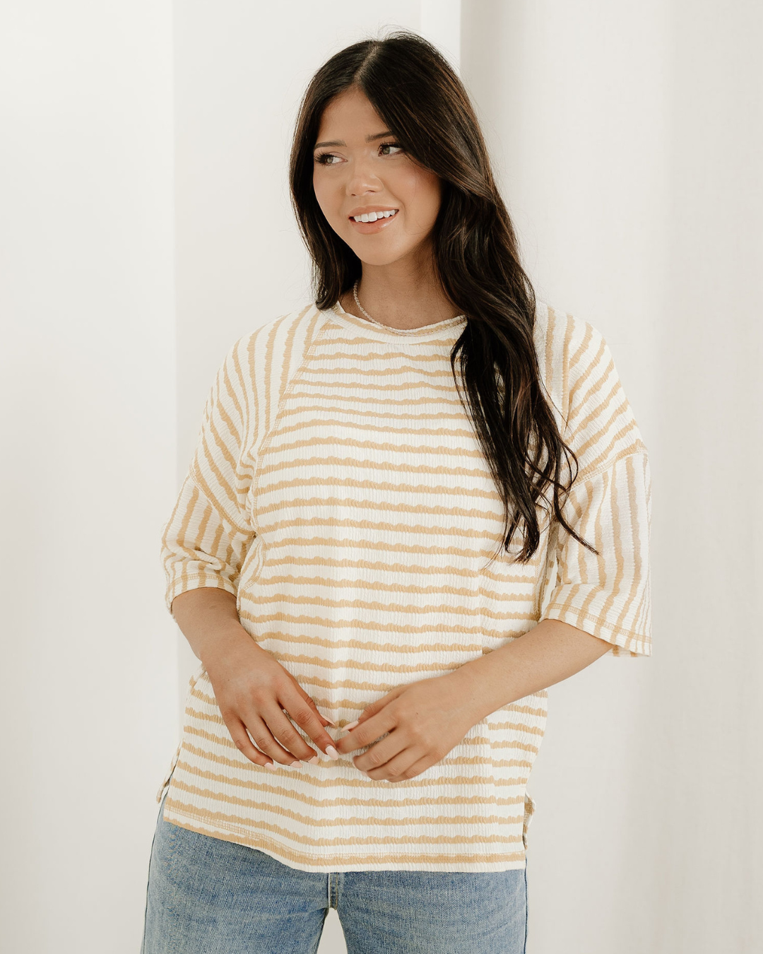 Noelle Textured Knit Top-Apricot | Stripe Tee |Split Hem Tee