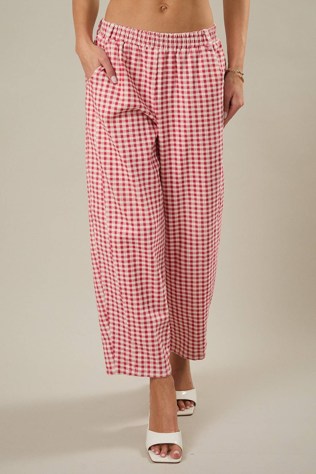 Red Gingham Printed Barrel Twill Pants