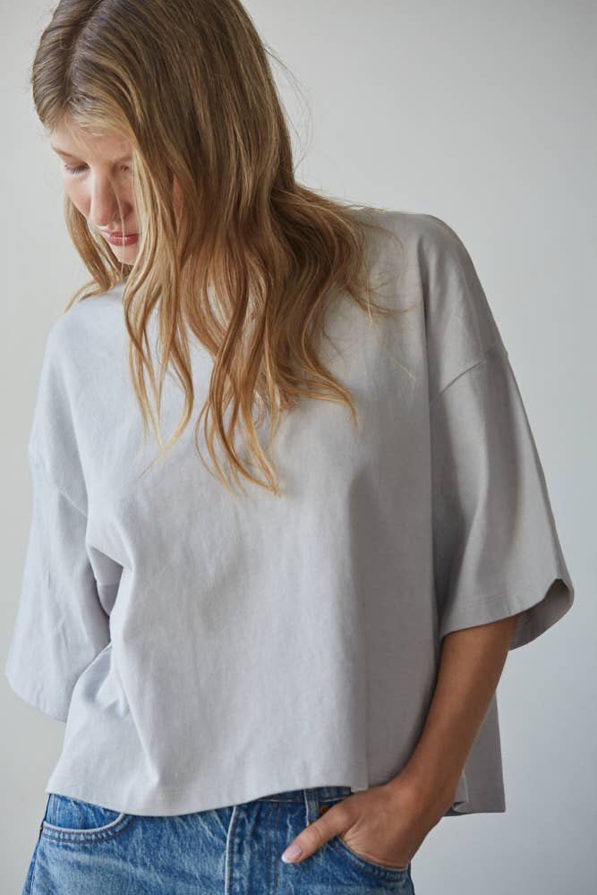 Knit Cotton Crew Neck Drop Shoulder Short Sleeve Top